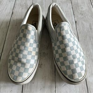 PREOWNED VANS BLUE CHECK CHECKERED PRINT WOMENS 8.5 MENS 7 SLIDE ON SNEAKERS